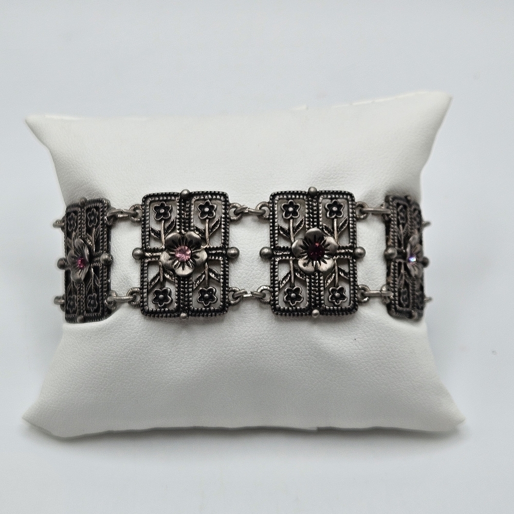 VINTAGE Art Deco Filigree Rhinestone Flower Articulated Panel Link Bracelet